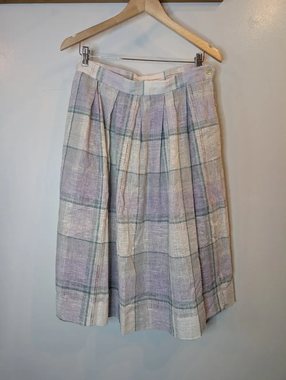 Vintage JCPenney Linen Plaid Pleated Midi Skirt Lavender Green Cream Women Sz 18